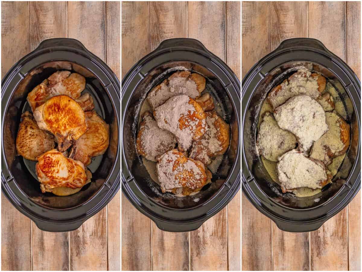 collage of three photos: seared pork chops in an oval slow cooker; au just mix sprinkled on top of pork chops; ranch seasoning mix sprinkled on top of pork chops. 