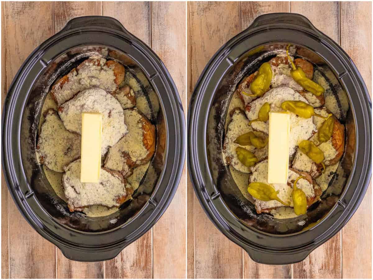 collage of two photos: slow cooker with pork chops, au jus, ranch seasoning and a stick of butter; peperoncini peppers scattered around the pork chops in the slow cooker. 