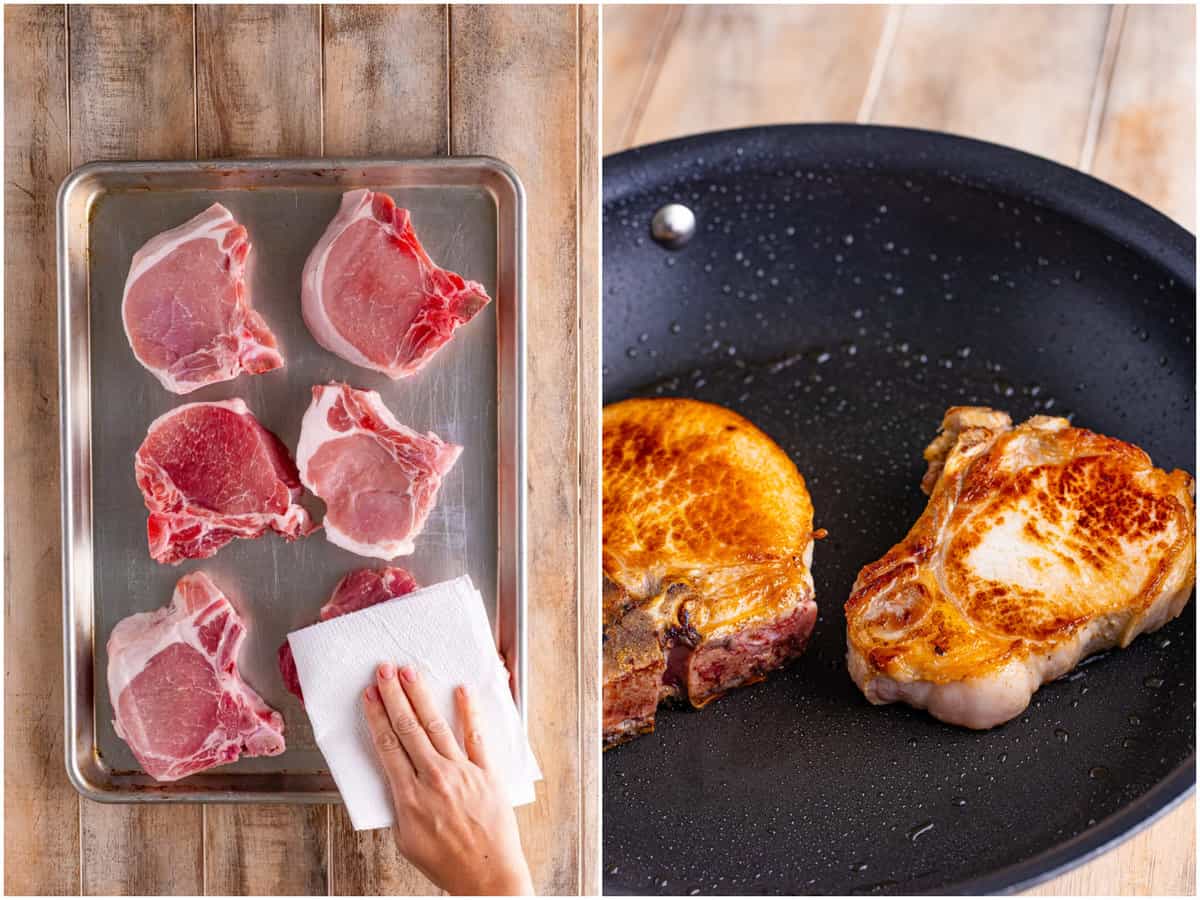 collage of two photos: a baking sheet of pork chops with a hand patting them dry with a paper towel; browning pork chops in a skillet. 