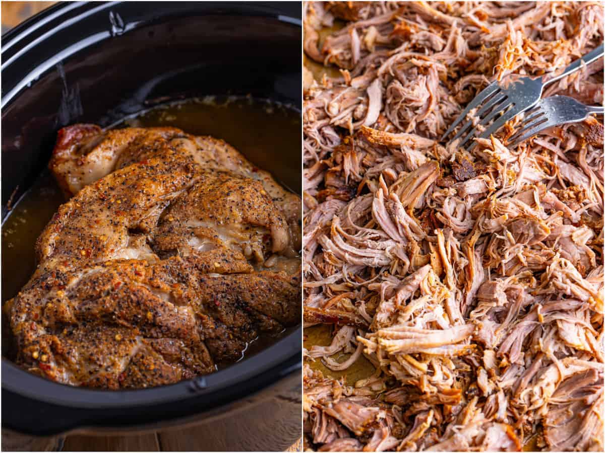 collage of two photos: fully cooked pork shoulder in crock pot; two forks shredding cooked pork. 