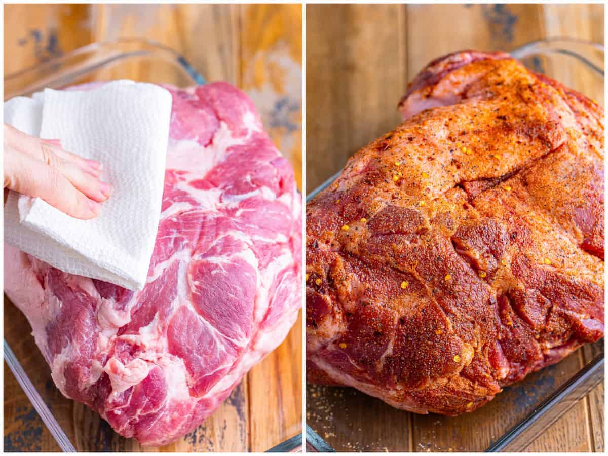 collage of two photos: a paper towel patting dry a pork shoulder; seasoned pork shoulder in a baking dish. 