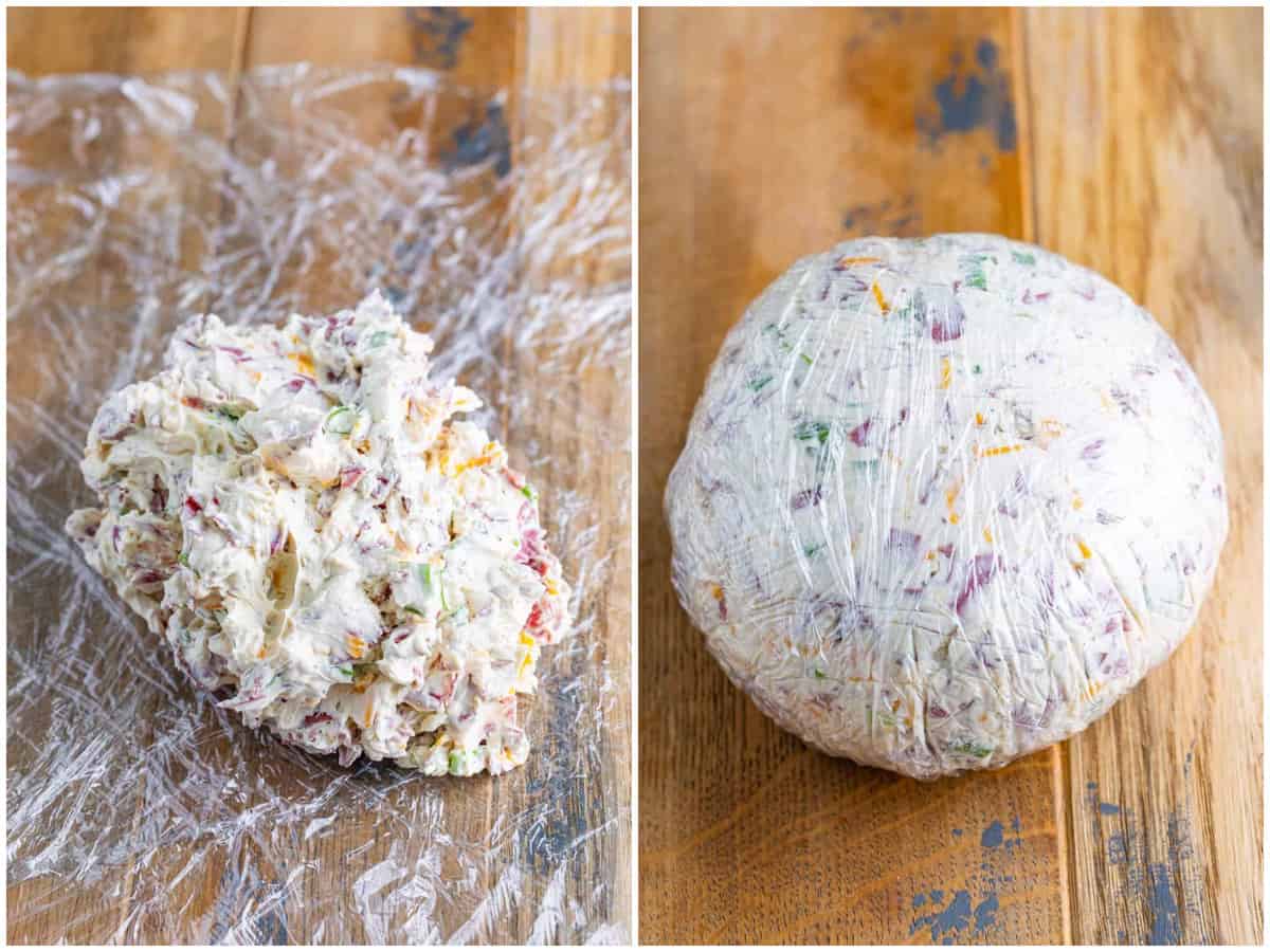 collage of two photos: cheeseball mixture on pieces of laid out plastic wrap; wrapped up cheese ball in plastic wrap.