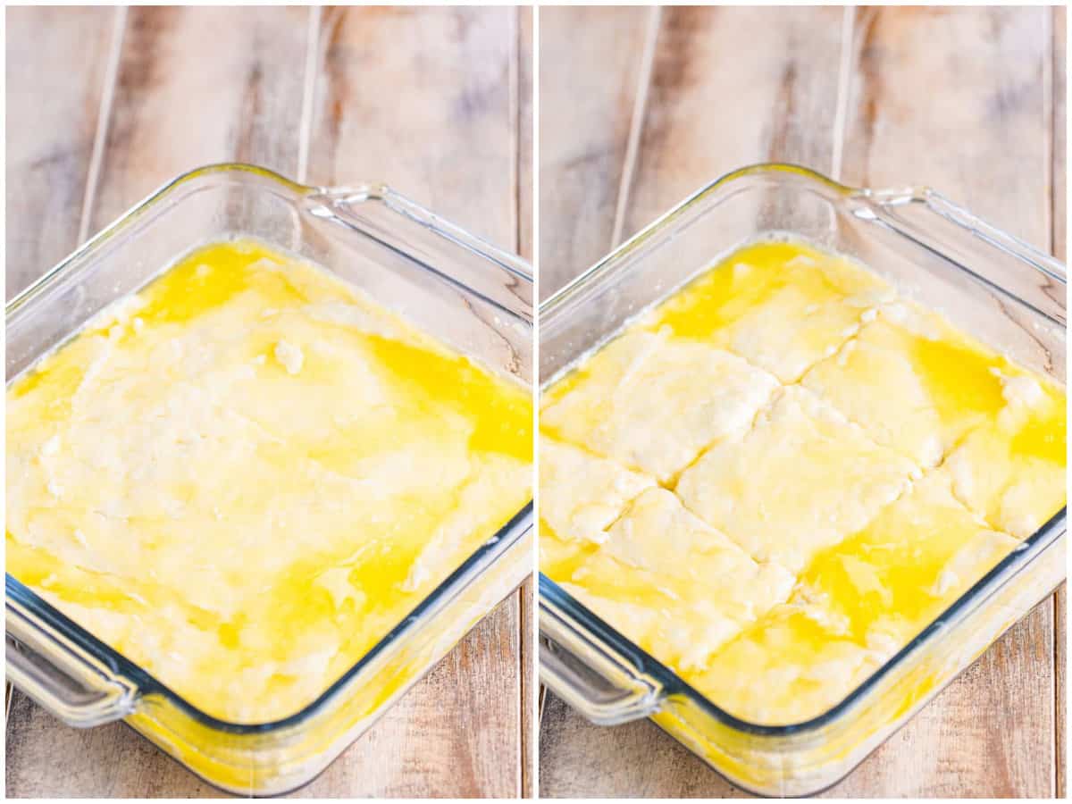 collage of two photos: melted butter with biscuit batter in a clear square baking dish; batter cut into 9 sections before baking.