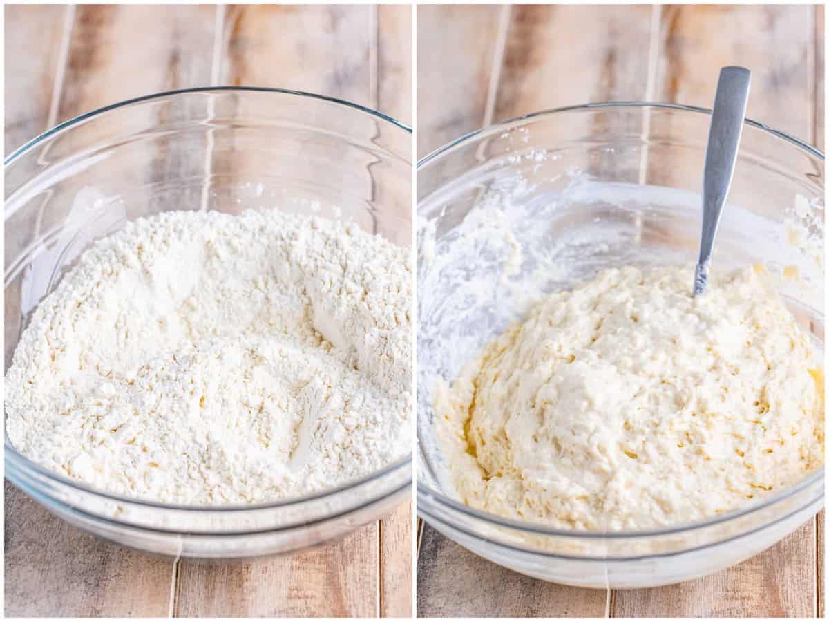 collage of two photos: a glass mixing bowl with  all-purpose flour, granulated sugar, aluminum-free baking powder, salt and garlic powder; buttermilk mixed in with flour mixture in bowl.