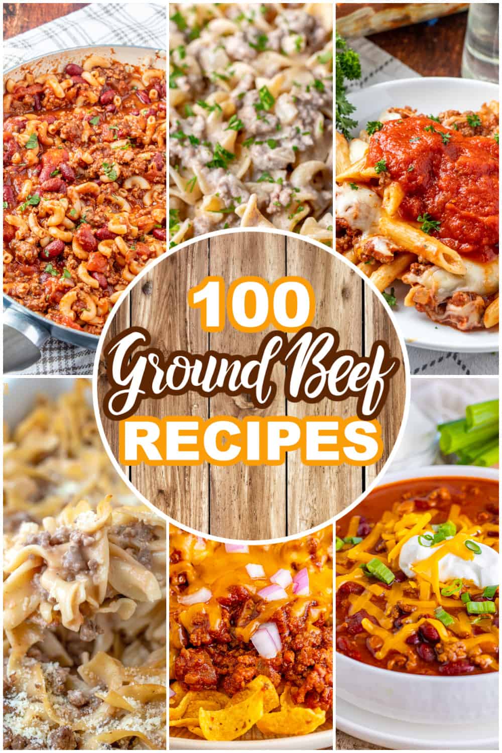 a collage of 6 photos with text on the collage reads "100 Ground Beef Recipes". 