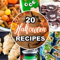 a collage of 6 photos with text on the collage that says "20 Halloween Recipes".