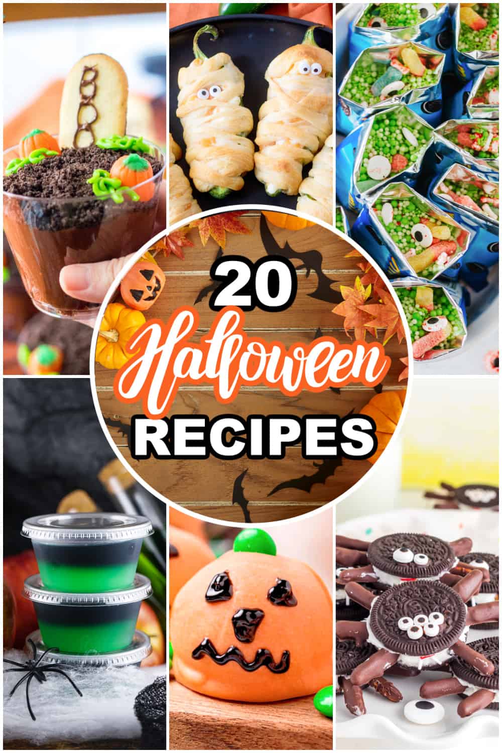 A collage of 6 photos with text on the collage that says "20 Halloween Recipes".