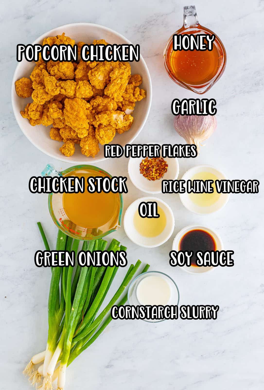 Popcorn chicken, vegetable oil, green onions, garlic cloves, red pepper flakes, chicken stock, honey, soy sauce, rice wine vinegar, corn starch and water.