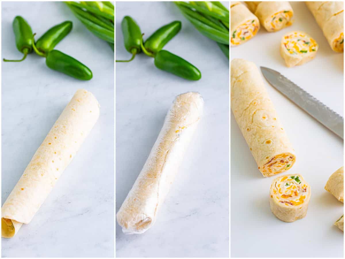 collage of three photos: a rolled up flour tortilla with filling; rolled up tortilla covered in plastic wrap; a slice of jalapeño pepper pinwheel with a serrated knife on the side. 