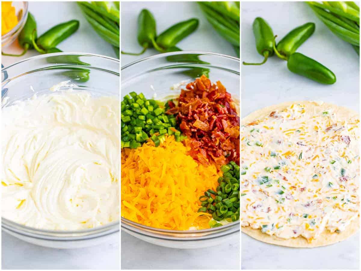 collage of three photos: sour cream and cream cheese mixed together in a bowl; shredded cheese, bacon and green onions added to bowl; cream cheese mixture spread out on to a tortilla. 