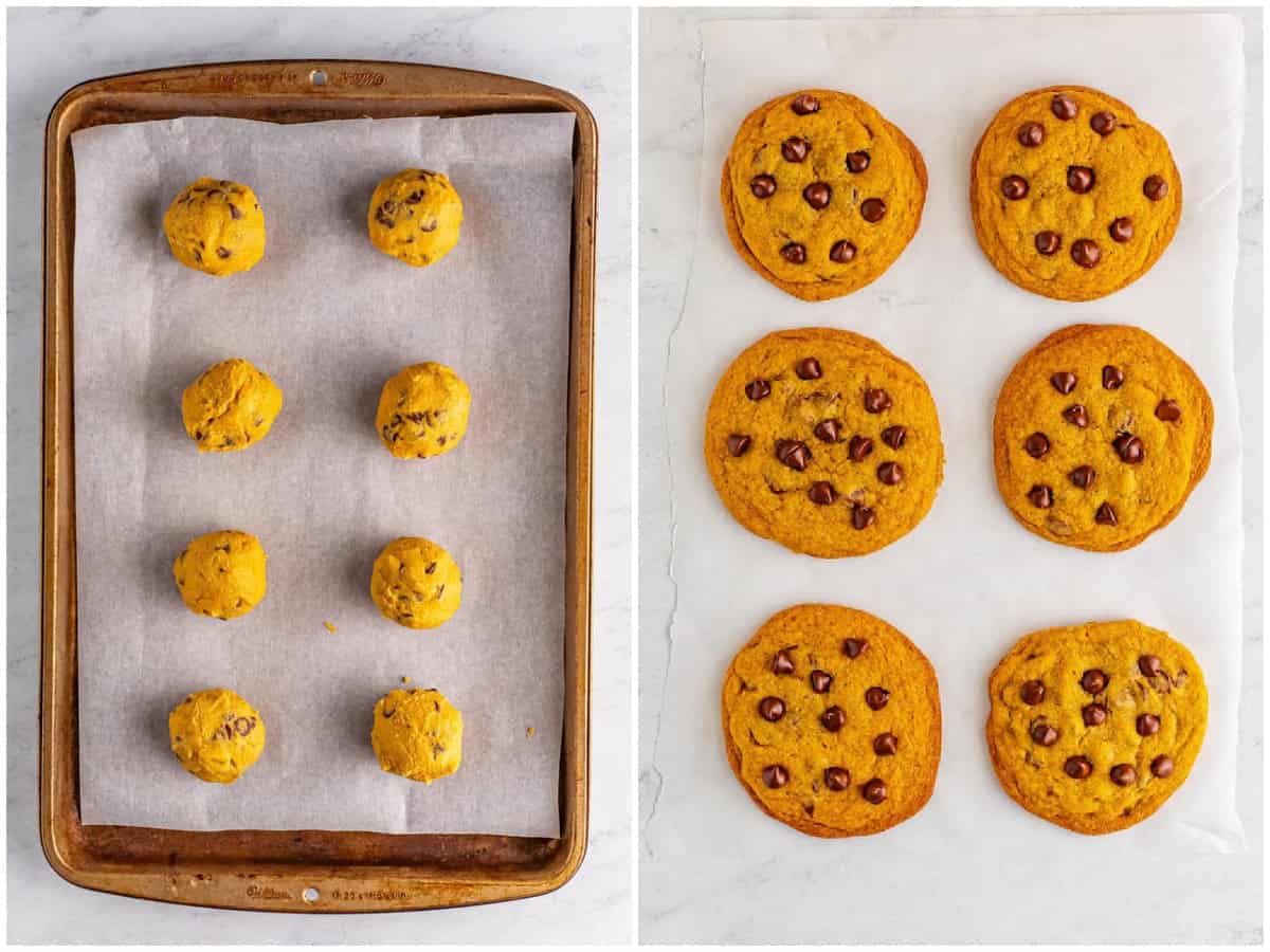 collage of two photos: cookie dough balls shown on baking sheet; cooked chocolate chip cookies on parchment paper. 