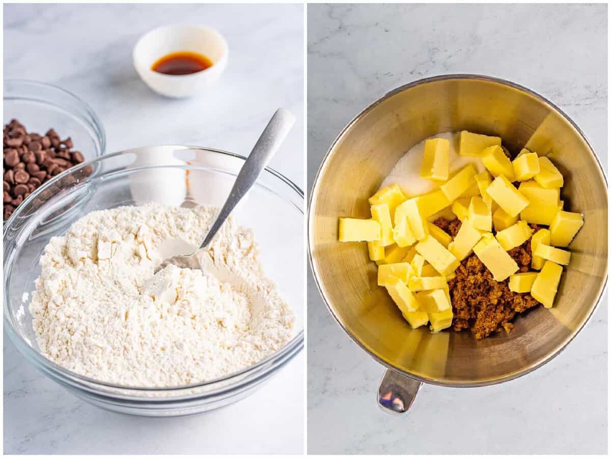 collage of two photos: a small mixing bowl of flour, baking soda, and salt; bowl of a stand mixer with brown sugar, white sugar, and cubed butter.