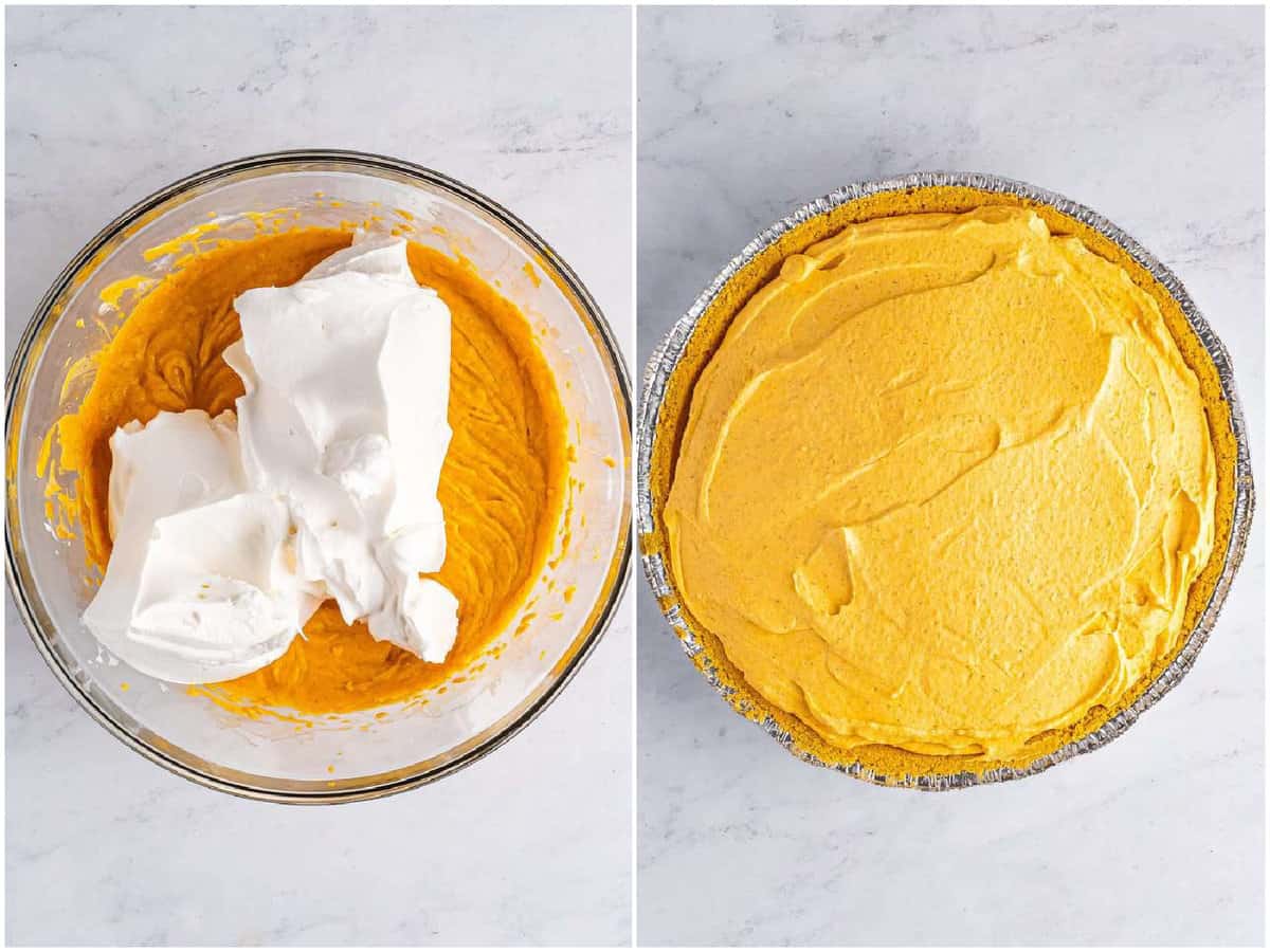 collage of two photos: whipped topping added to pumpkin cream cheese mixture; pumpkin cheesecake filling spread into graham cracker crust. 