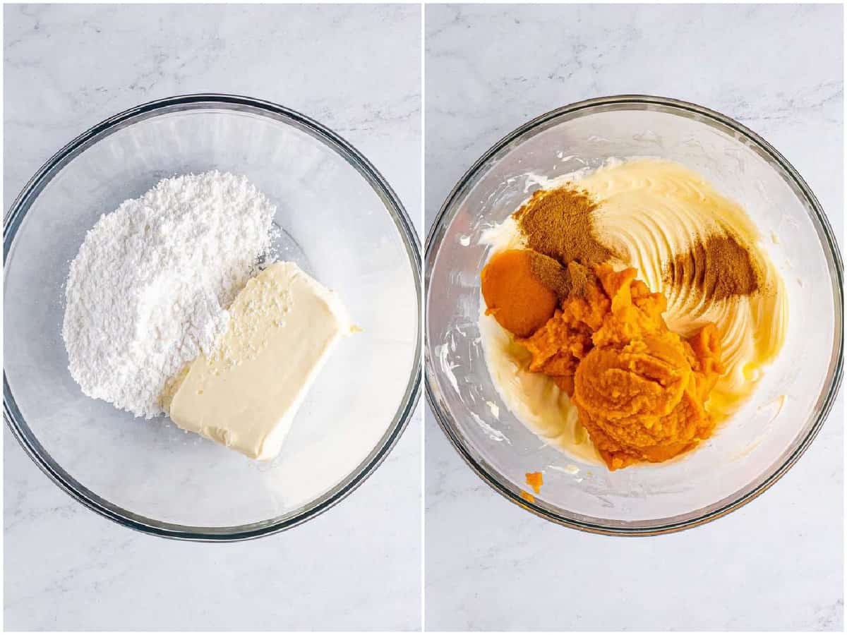 collage of two photos: cream cheese and powdered sugar in a bowl; pumpkin and spices added to cream cheese mixture. 
