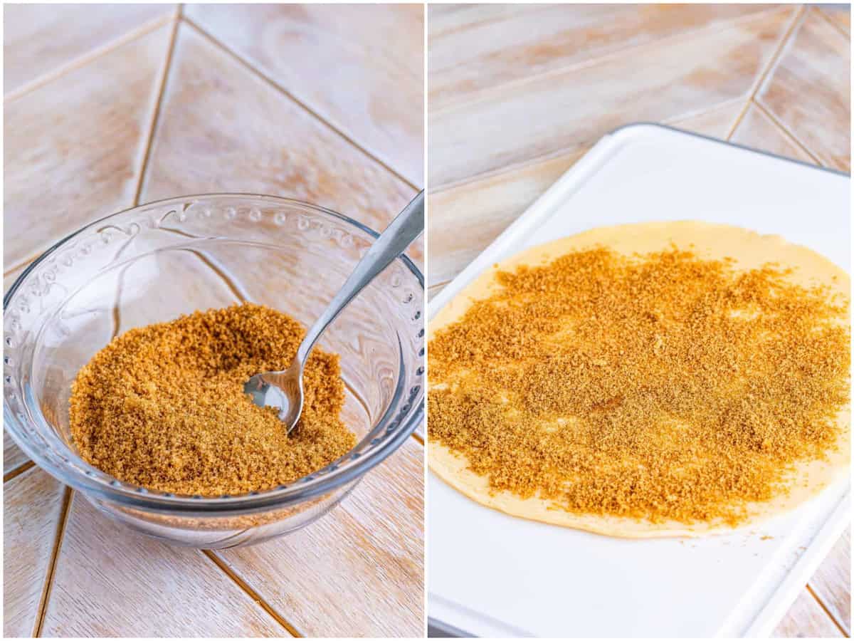 collage of two photos: brown sugar mixture in a small bowl; brown sugar cinnamon mixture sprinkled onto pie crust. 