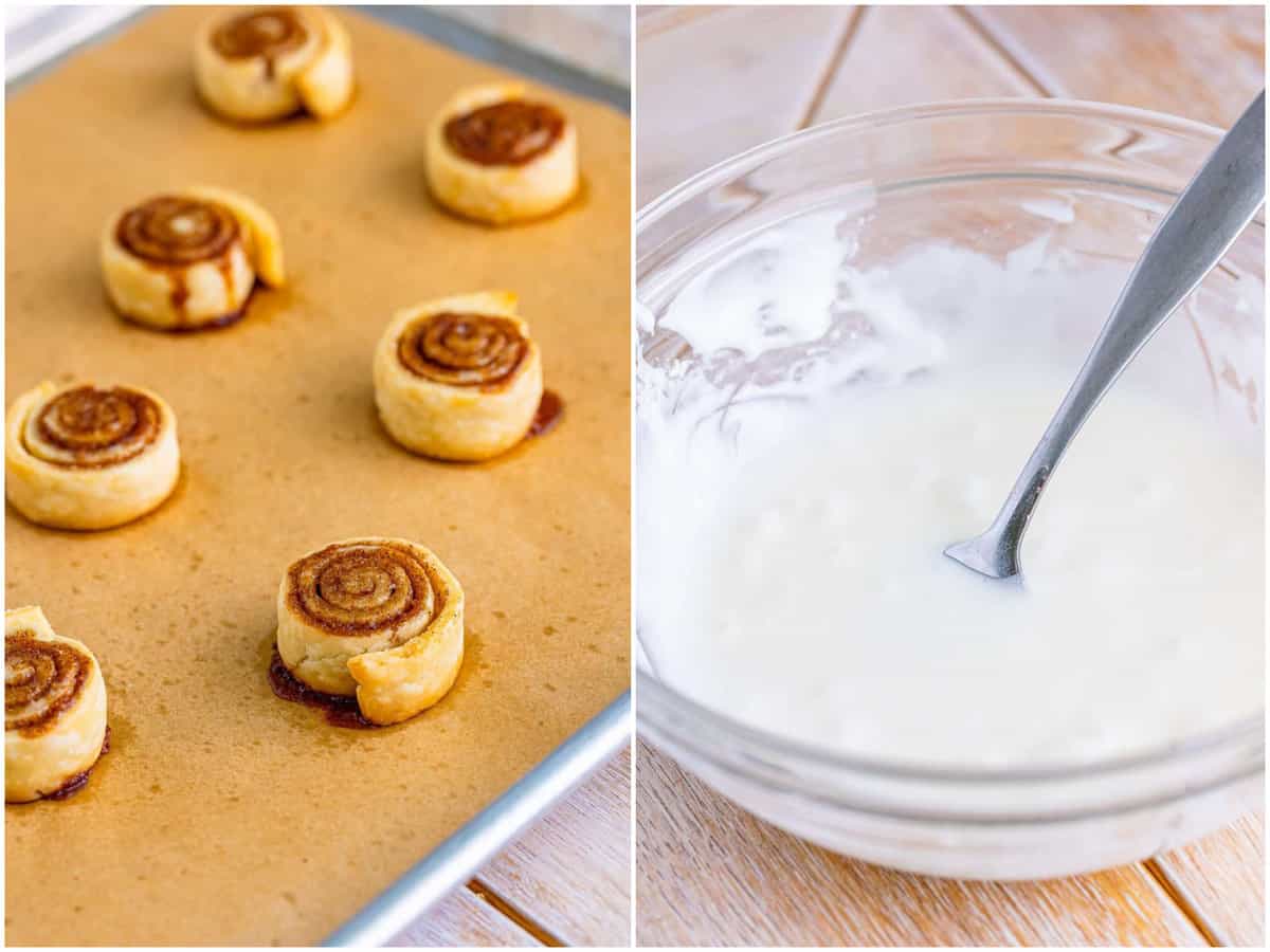 collage of two photos: baked cinnamon rolls on a baking sheet; powdered sugar and milk mixed together in a bowl. 