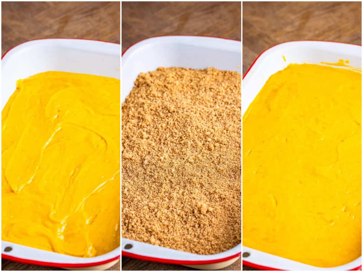 collage of three photos: half of pumpkin cake batter in the bottom of baking dish; cinnamon sugar sprinkled on top of cake batter; the other half of cake batter spread on top of cinnamon sugar layer. 