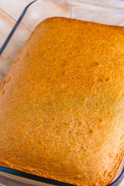 A pumpkin spice cake in a baking dish.
