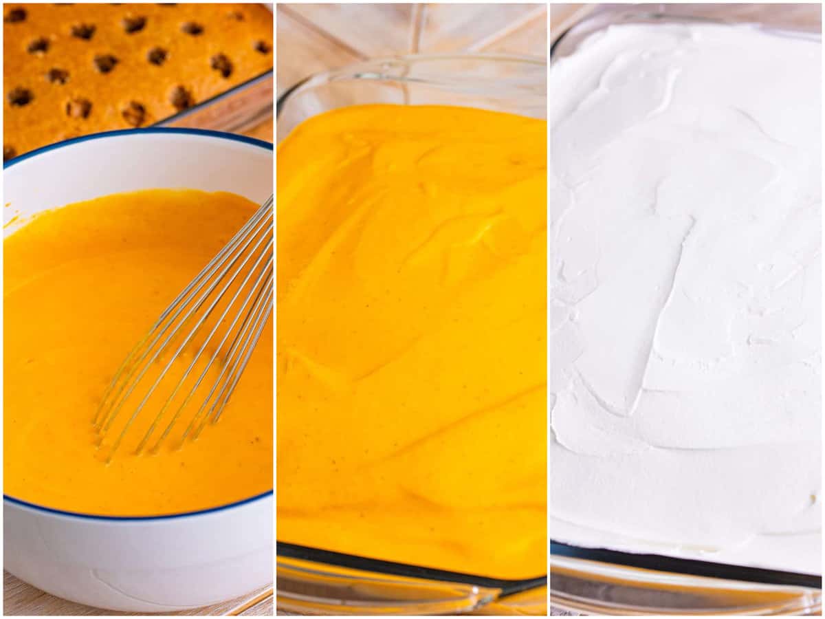 collage of three photos: vanilla pudding and pumpkin puree in a mixing bowl; pumpkin pudding spread on top of cake in a layer; final layer of whipped topping added. 