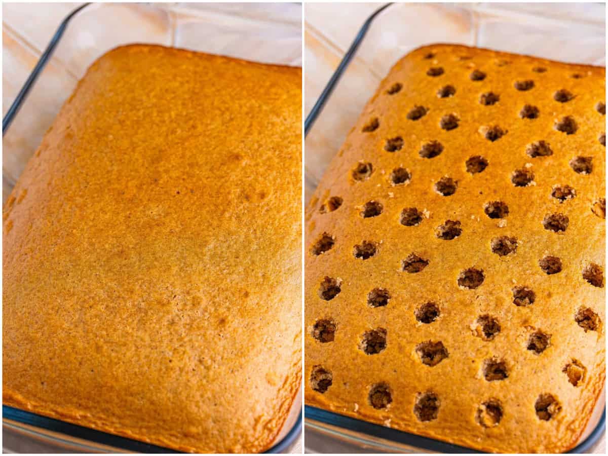 collage of two photos: a fully baked cake in a baking dish; holes poked in cake. 