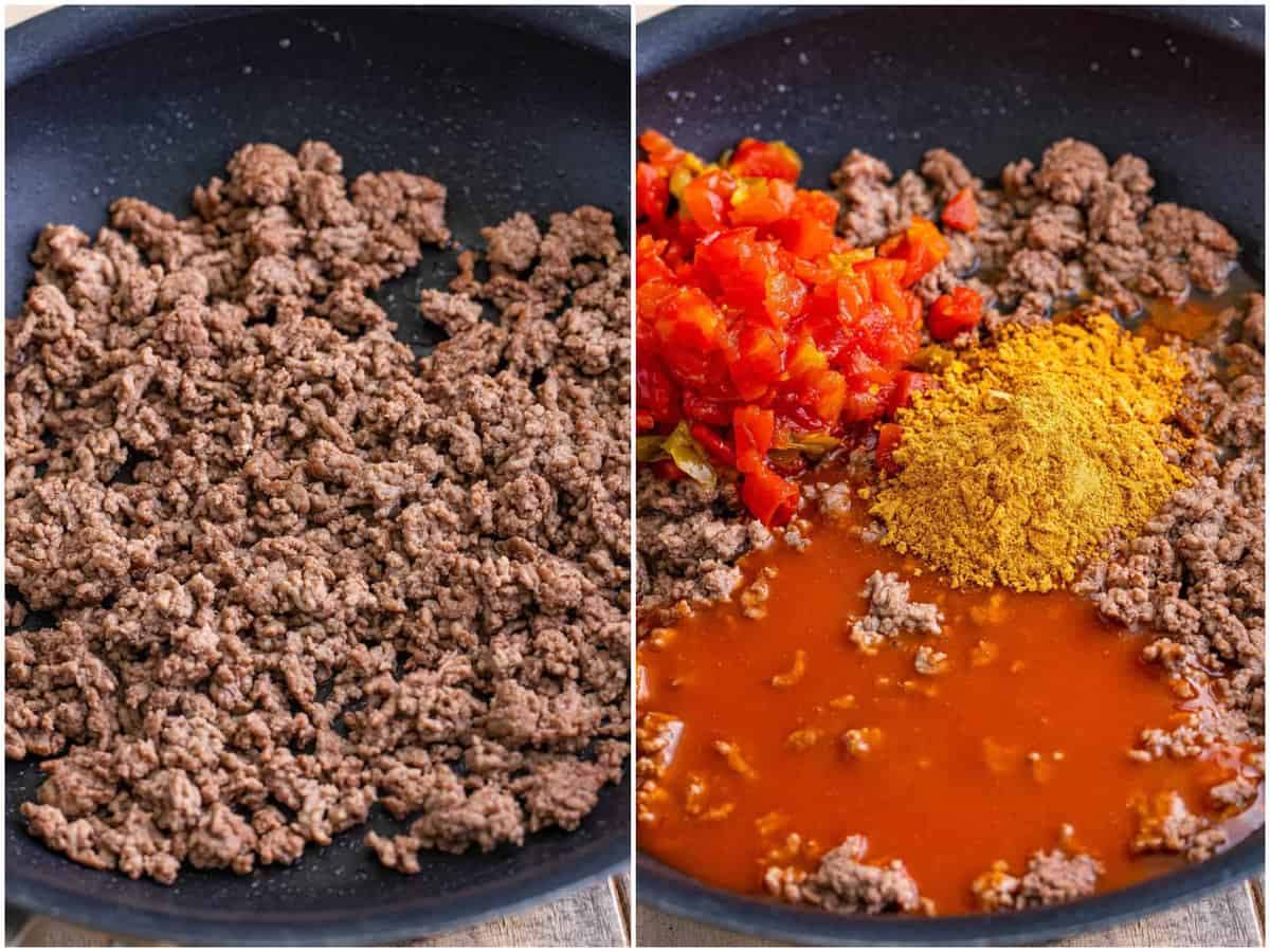 collage of two photos: cooked ground beef in a skillet; seasonings added to ground beef in skillet. 