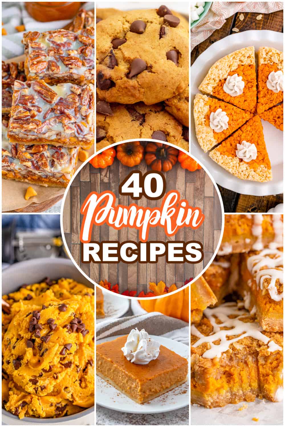 a collage of 6 pumpkin recipe photos with text on the collage that says "40 pumpkin recipes". 