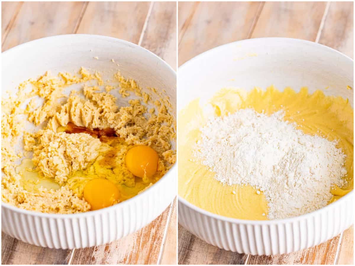 collage of two photos: eggs and vanilla added to butter mixture; flour added on top of batter in bowl. 