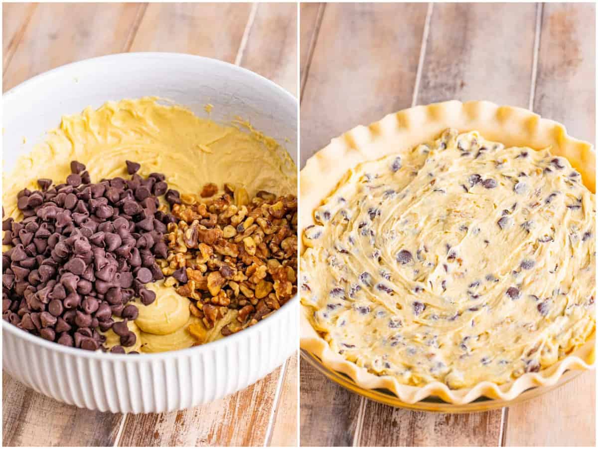 collage of two photos: chocolate chips and walnuts added to batter; batter spread into pie crust. 