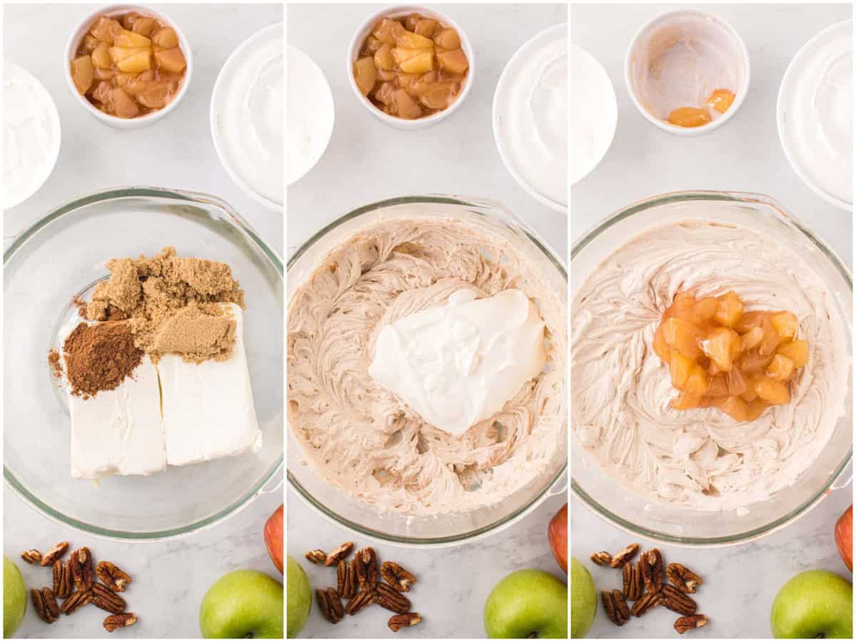 collage of three photos: softened cream cheese and spices in a clear bowl; sour cream added with cream cheese mixture; apple pie filling added into cheesecake filling. 