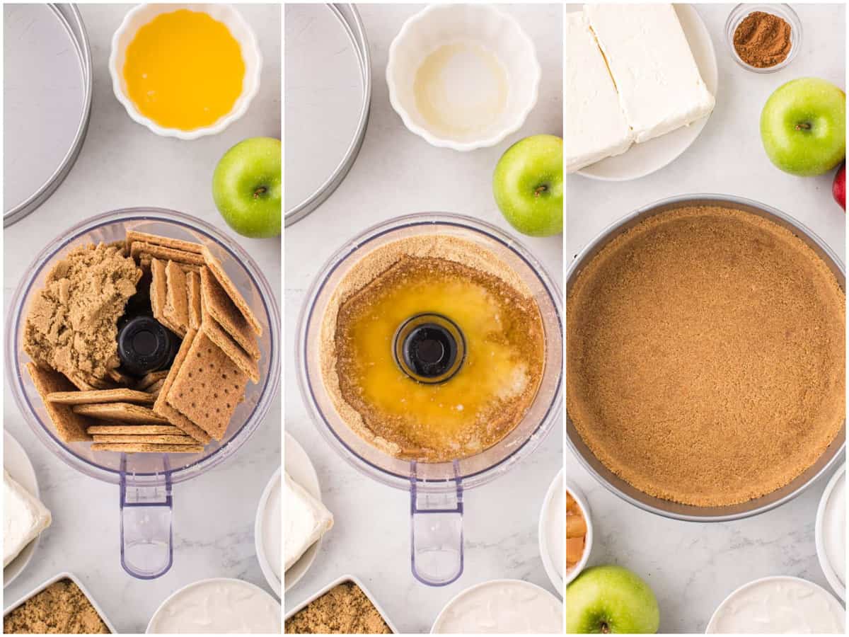 collage of three photos: a food processor with graham crackers; melted butter added to crushed graham crackers; graham cracker mixture pressed into springform pan. 