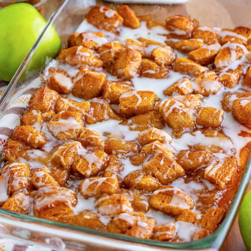 A baking dish filled with Apple Pie Bubble Up.
