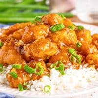 Close up looking at a plate of Garlic Honey Chicken on top of white rice.