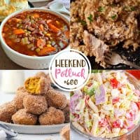 A collage of the Weekend Potluck featured recipes: Country Beef Vegetable Soup Air Fryer Pumpkin Donut Holes, Crock Pot Pork Chops with Mushroom Soup and Italian Grinder Pasta Salad.