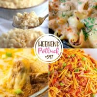 Weekend Potluck featured recipes include: Rice Pudding with Sweetened Condensed Milk, Easy Four Cheese Stuffed Shells, Hot Taco Dip and Cowboy Spaghetti!