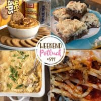 Weekend Potluck featured recipes: Knock Your Socks Off Spaghetti Bake, Easy Almond Joy Bars, Chicken Cordon Bleu Casserole and Easy Pumpkin Cheesecake Dip.