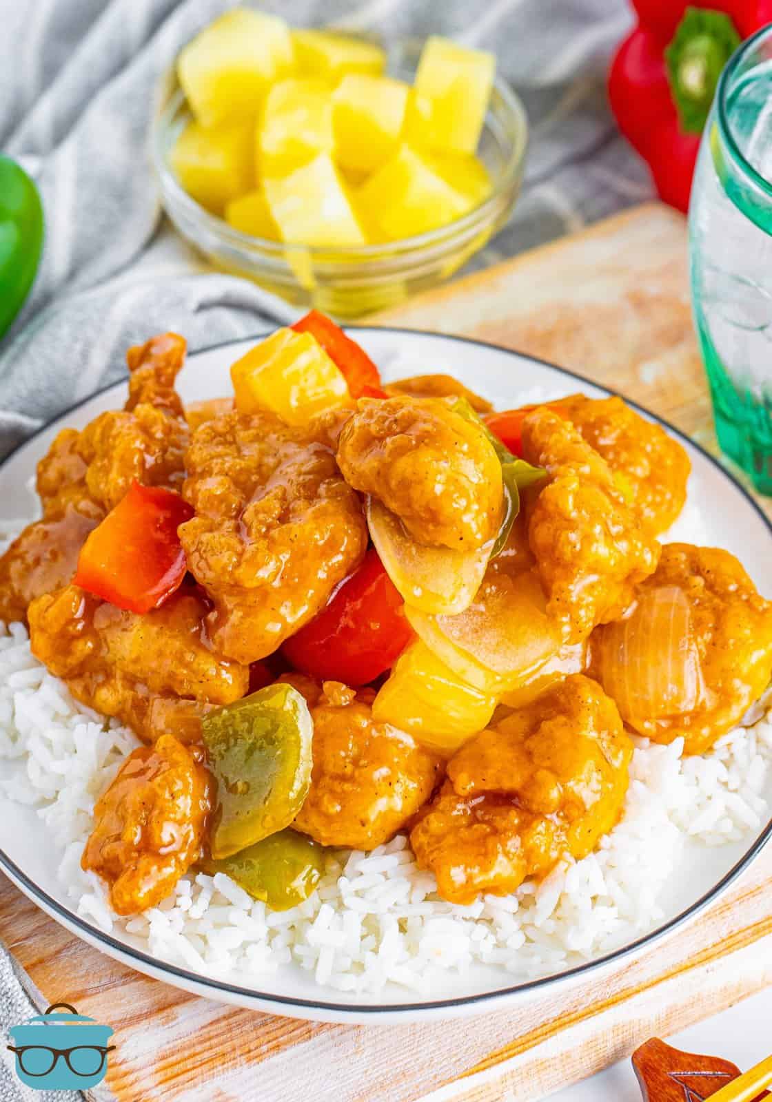 A plate of Sweet and sour Chicken. 