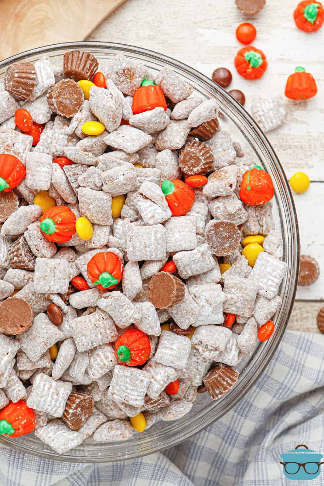 A large mixing bowl filled of Thanksgiving Puppy Chow.