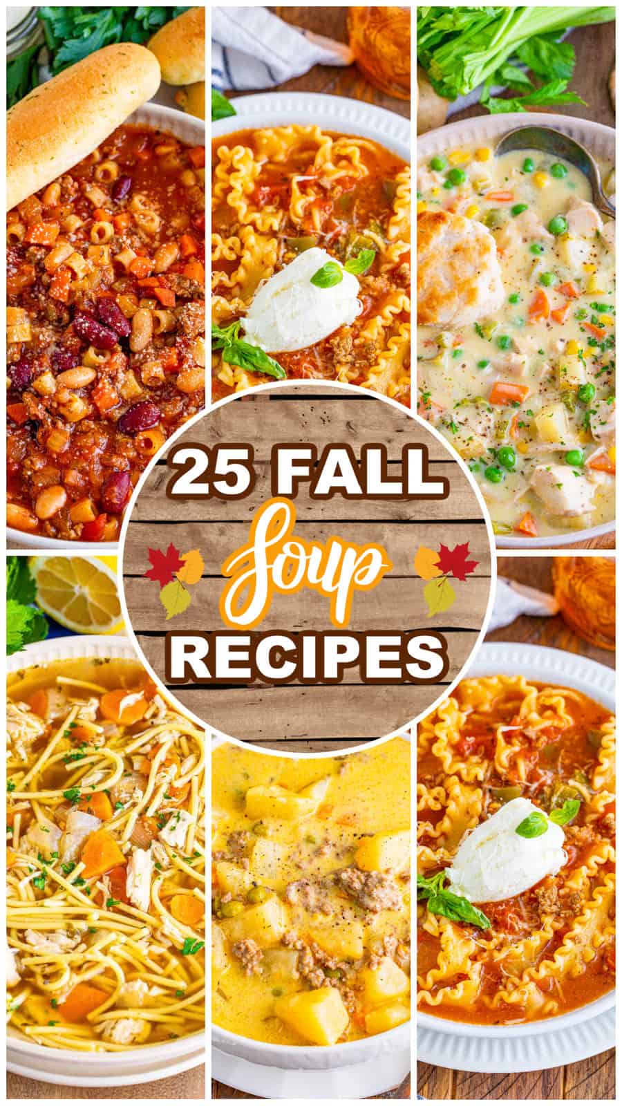 a collage of 6 photos of soups with a title in the center that says "25 Fall Soup Recipes". 