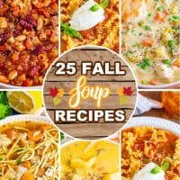 a collage of 6 photos of bowls of soup with text that says "25 Fall Soup Recipes".
