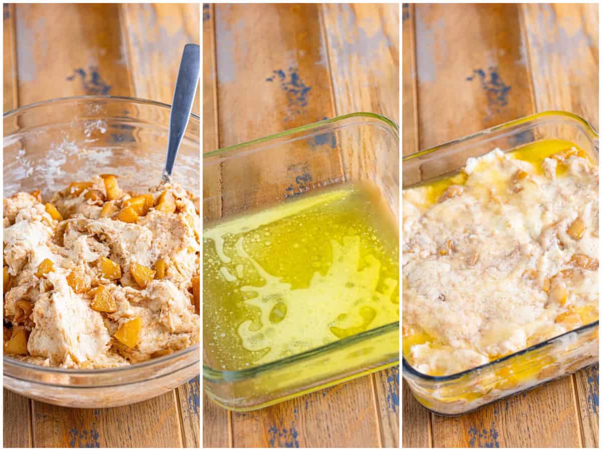 collage of three photo: apple biscuit batter in a bowl; melted butter in a baking dish; apple biscuit dough on top of melted butter in a dish. 