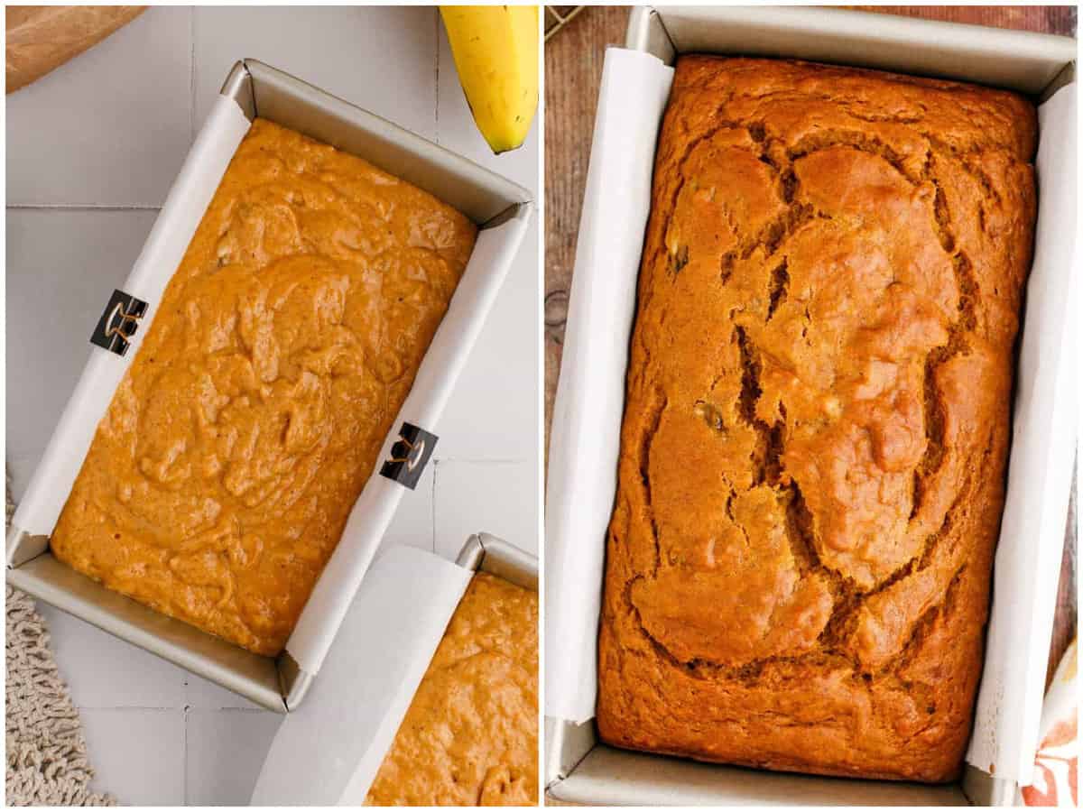 collage of two photos: banana pumpkin bread batter in two loaf baking dishes; fully baked banana pumpkin bread right out of the oven.