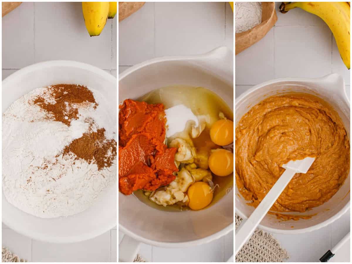 collage of three photos: a mixing bowl with all-purpose flour, pumpkin pie spice, ground cinnamon, baking powder, baking soda and salt; eggs, banana and pumpkin puree added to bowl; ingredients shown all mixed together. 