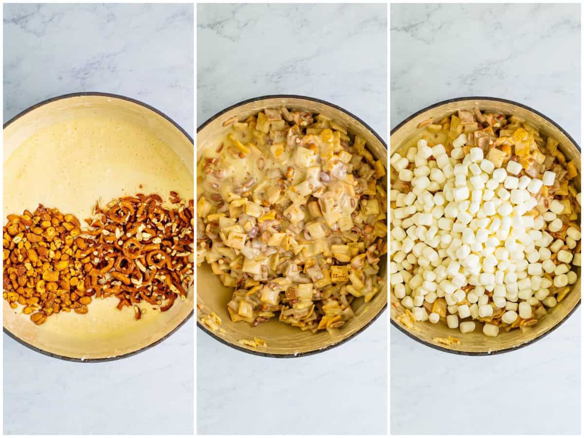 collage of three photos: chopped pretzels and nuts added to marshmallows, butter, and vanilla in a stock pot; mixture mixed together; mini marshmallows added to the pot. 