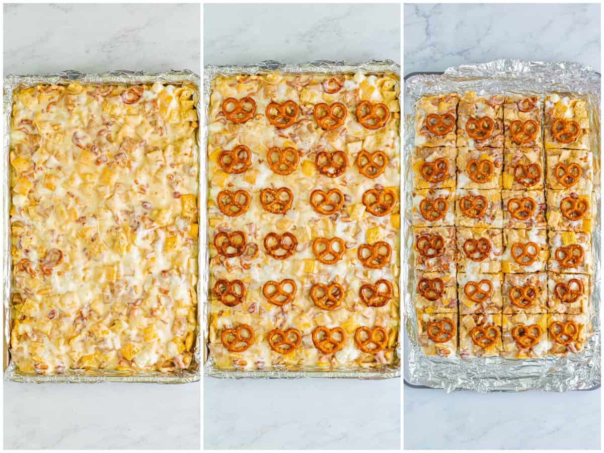 collage of three photos: marshmallow treat mixture spread out into a pan; mini pretzels laid on top; treats cut into 24 bars. 