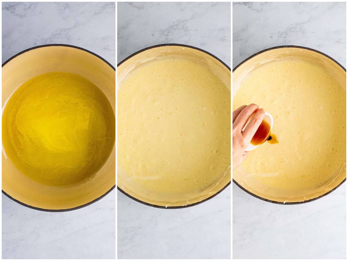 collage of three photos: a stock pot with melted butter; melted marshmallows and butter in a stock pot; vanilla extract being added to marshmallow and melted butter. 