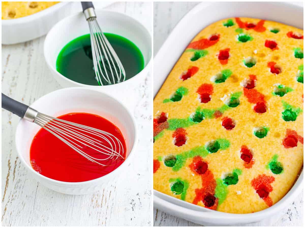 collage of two photos: Red and green Jell-O in bowls with whisks; a cake with holes poked in it, filled with red and green Jell-O.