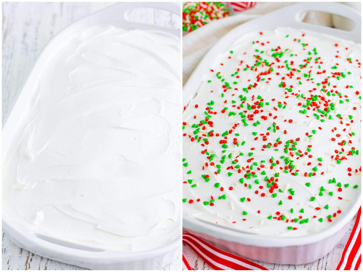 collage of two photos: whipped topping spread on top of cake; red and green sprinkles sprinkled on top of the cake. 