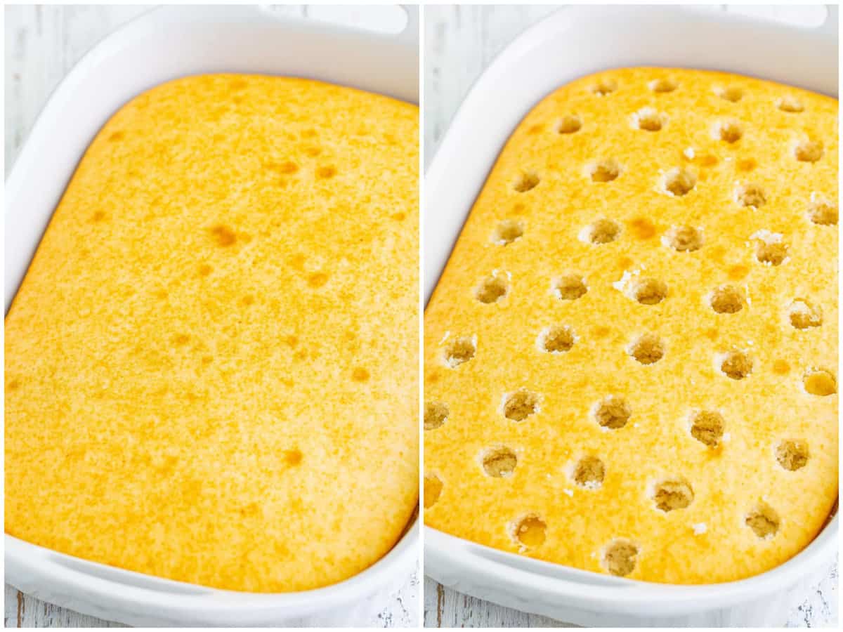 collage of two photos: baked white cake in baking dish; holes poked into cake. 