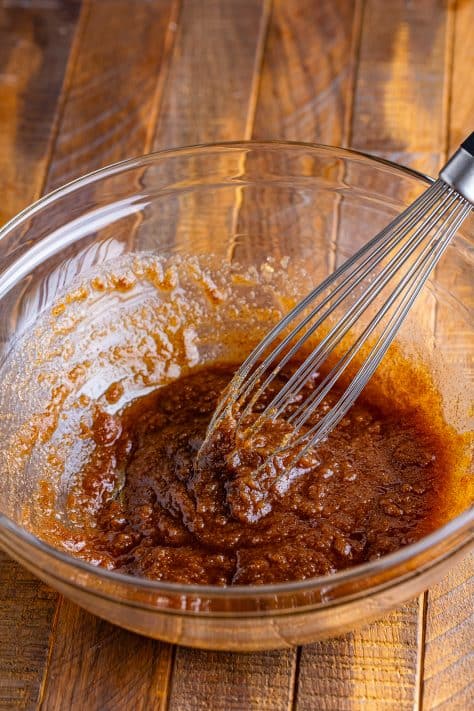 brown sugar, butter and vanilla extract whisked in a bowl.