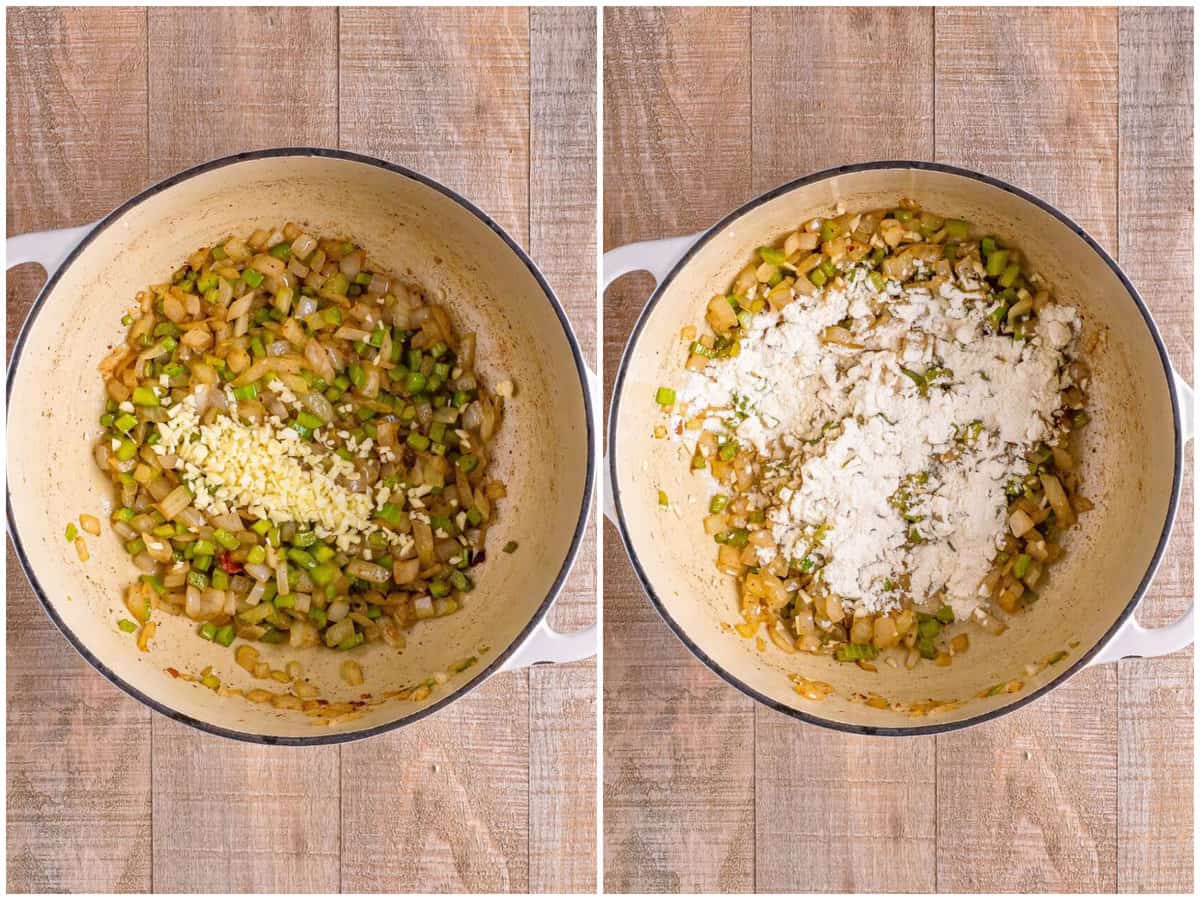 collage of two photos: minced garlic added to the pot; flour sprinkled on top of garlic, onion and celery in the dutch oven.